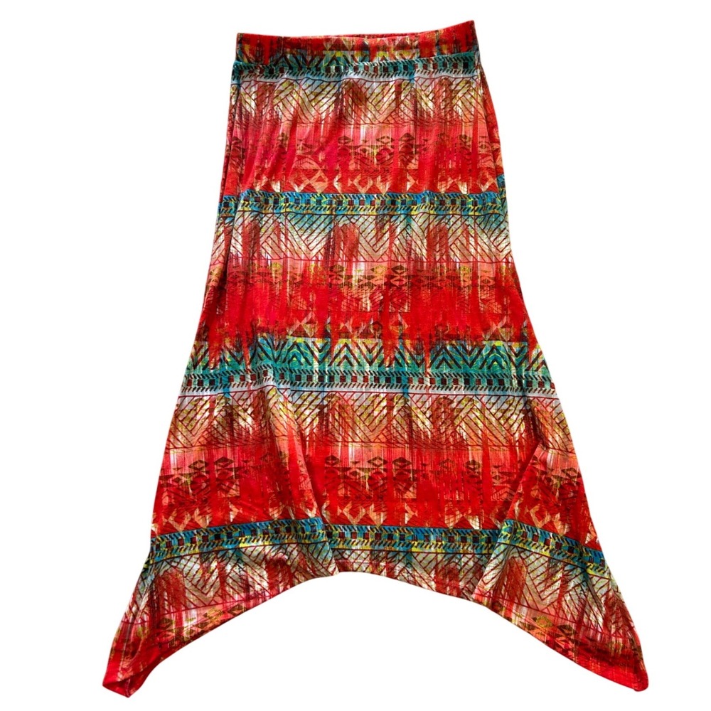 Red Tribal Geometric Handkerchief Hem Midi Skirt Fairy Boho Colorful‎ Summer M